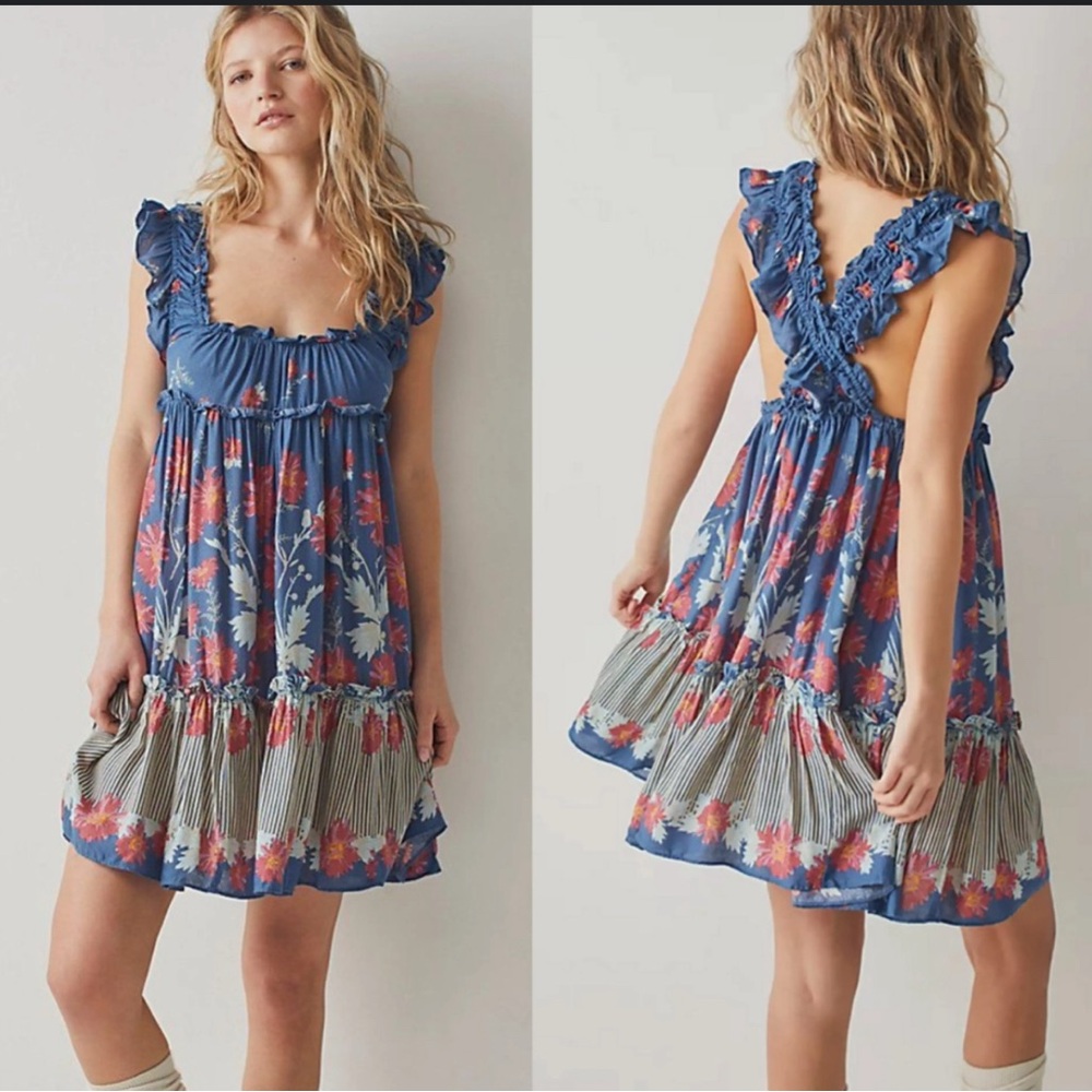 Free People Bali Wild Daisy Mini Slip Dress L Ruffle Scoop Neck Crisscross Back